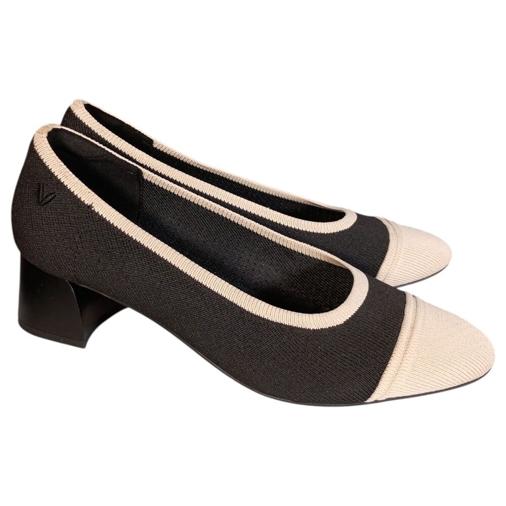 Vivaia Julie Pro Almond Toe Heels Pumps Womens 8 - 8.5 Beige Black Knit - Picture 2 of 12